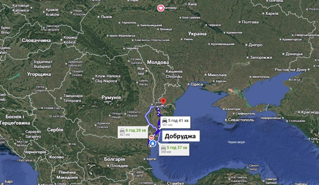Карта Добруджа, автомобільні дороги 421 км, 358 км, 351 км