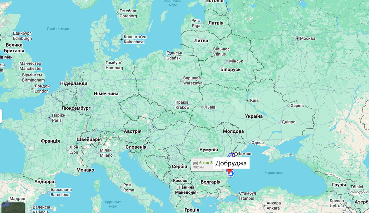 Карта Європи з виділенням Добруджі і Румунії, Болгарії, півдня України